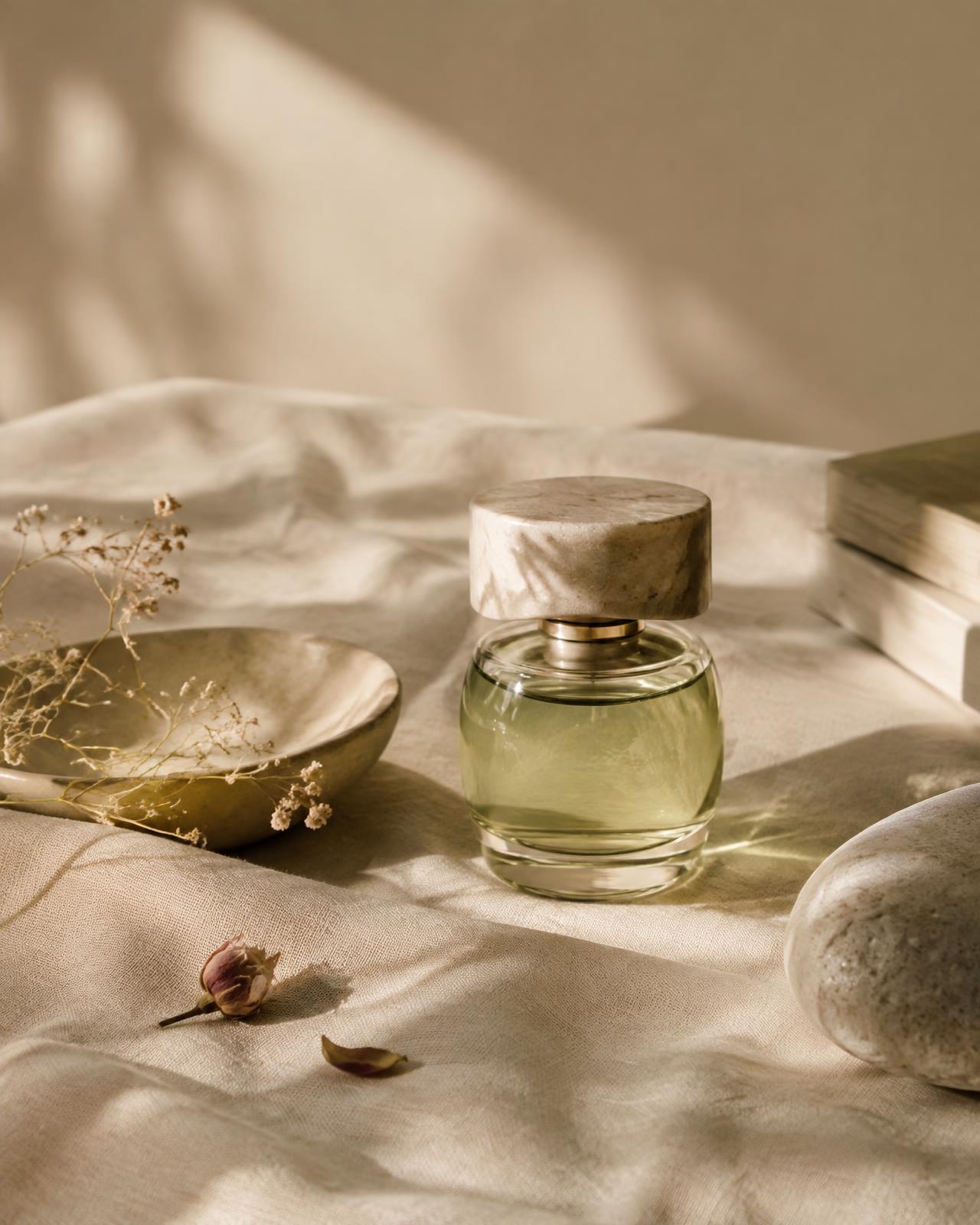 Demo art-directed fragrance still life in soft natural light